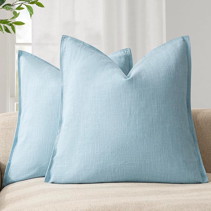 Foindtower Pack of 2, Decorative Linen Solid Throw Pillow Covers Soft Accent Euro Cushion Case Farmhouse Neutral Pillowcase for Chair Couch Sofa Bedroom Living Room Home Decor 20 x 20 Inch Light Blue