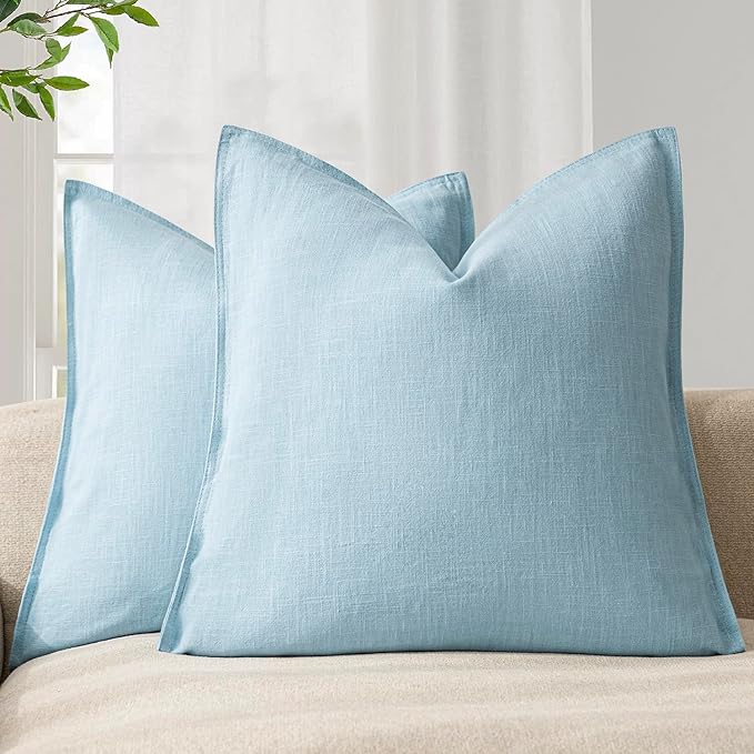 Foindtower Pack of 2, Decorative Linen Solid Throw Pillow Covers Soft Accent Euro Cushion Case Farmhouse Neutral Pillowcase for Chair Couch Sofa Bedroom Living Room Home Decor 24 x 24 Inch Light Blue