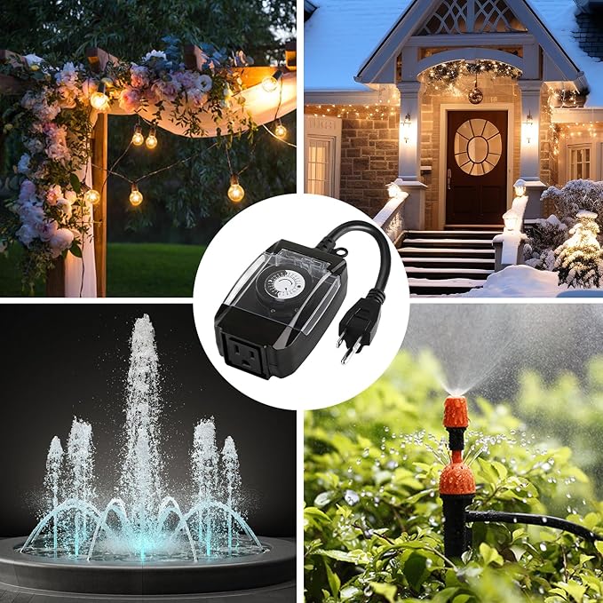 Outdoor Timer Outlet Waterproof, 24 Hour Mechanical Timer Outlet for Home and Garden, Single Grounded, 15A 3/4HP, Black, 3 Pack