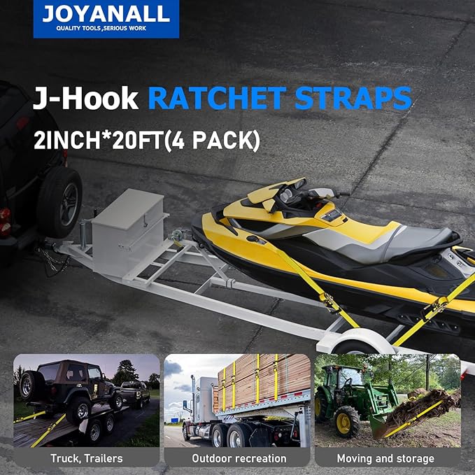 2 Inch Ratchet Straps Heavy Duty，20ft Tie Down Straps Ratchet with Double J Hook, 10000lbs Break Strength, Cargo Ratchet Straps for Moving, Truck, Trailers, Motorcycles (4 Pack)