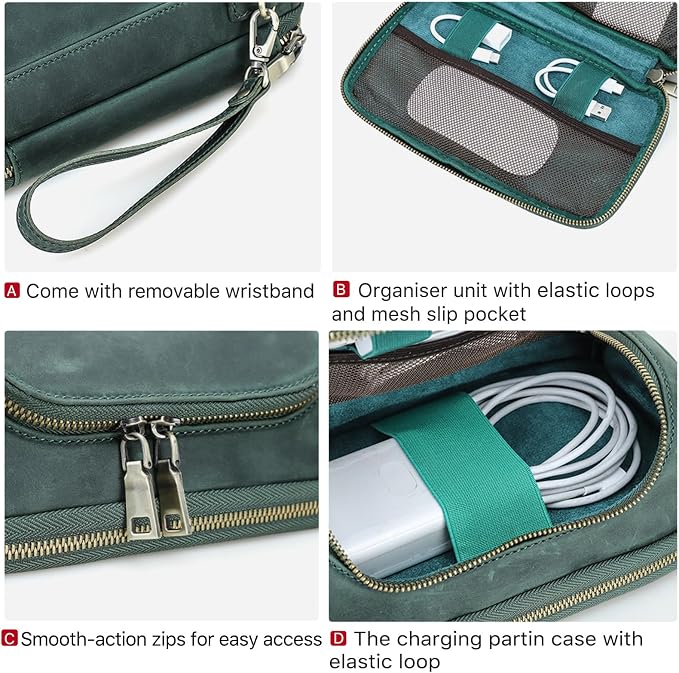 Hiram Handmade Crazy Horse Leather Tech Organizer Travel Case ��� Accessories Organiser Bag for Laptop, Tablet & Cell Phone, Double Compartment Charger Organizer Travel Case Green