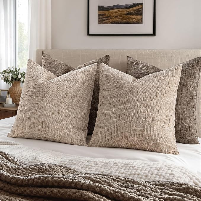 MIULEE Chenille Textured Throw Pillow Covers Oatmeal 16x16 Set of 2 | Slubby Decorative Pillows, Boho Farmhouse Home Decor, Modern Neutral Cushion Covers for Couch Sofa Bed Living Room