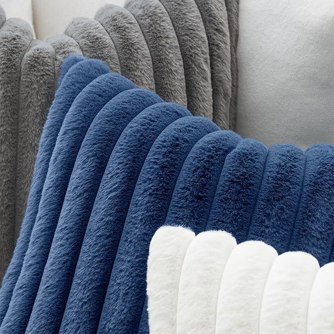 MIULEE Faux Fur Decorative Throw Pillow Covers 16x16 Set of 2 Navy Blue | Coastal Modern Soft Plush Couch Pillows, Cozy Fluffy Cushion Covers for Sofa Bed Living Room Home Decor