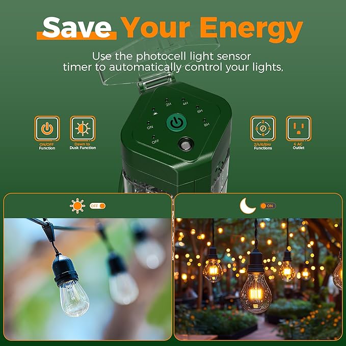TESSAN Outdoor Power Stake Light Timer Waterproof, Wireless Remote Control, Yard Stake Countdown Timer（2, 4, 6, 8 Hour）, 6 Outlets, Dusk to Dawn for Lights and Garden Courtyard Decoration