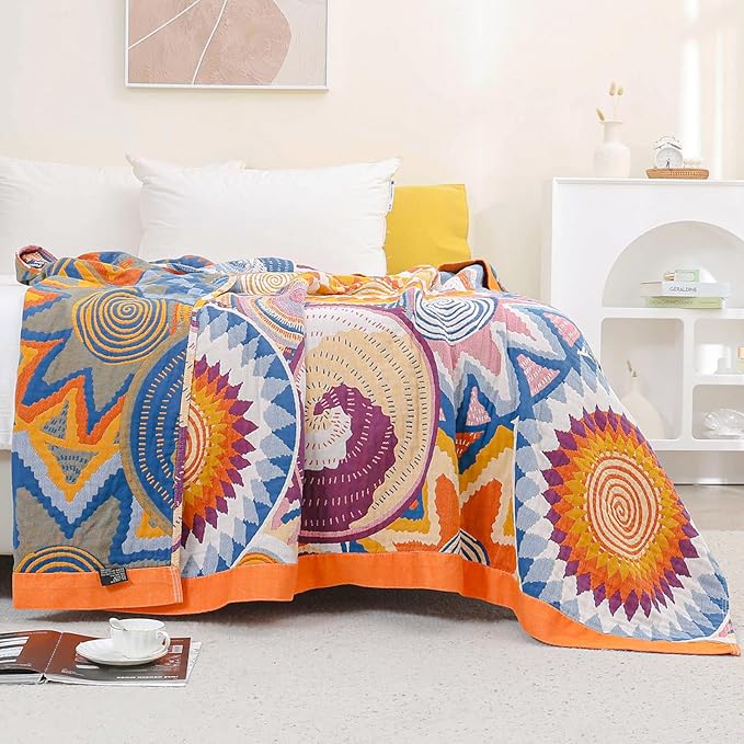 King Throw Blanket for Bed 100% Cotton Boho Oversized Soft Cozy Muslin Quilt Blanket Double Embroider Sun, Vintage Farmhouse Cottage Woven All Season Blankets for Bedding Couch,90"×98"