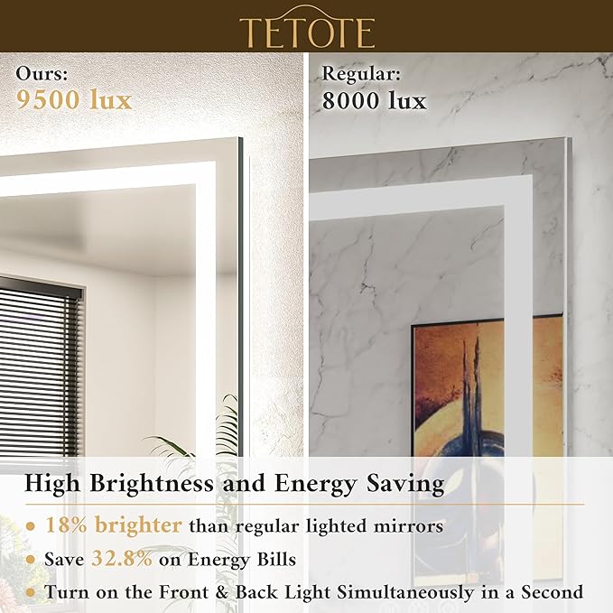 TETOTE 60 x 36 LED Lighted Bathroom Mirror with Lights Wall Mounted, Brighter Front and Backlit Light up Mirror, 3-Color Dimmable Lighted Anti Fog Mirror, Waterproof, Shatterproof Tempered Glass