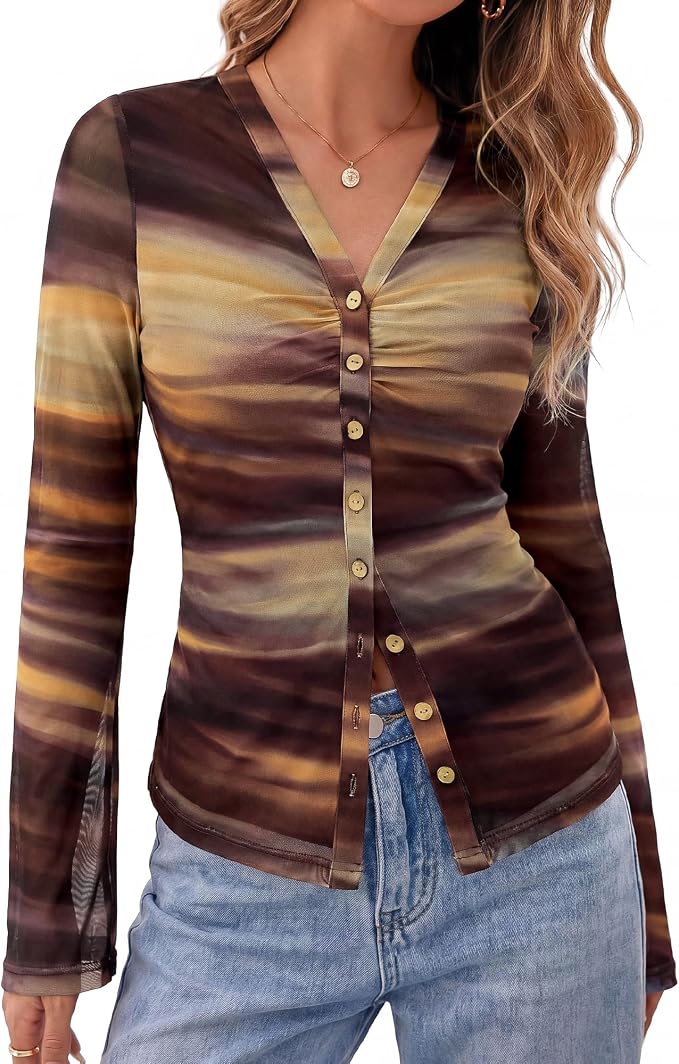 BTFBM Button Down Shirts for Women 2026 Fall Boho Tops V Neck Long Sleeve Blouses Ruched Mesh Fitted Fashion Clothing