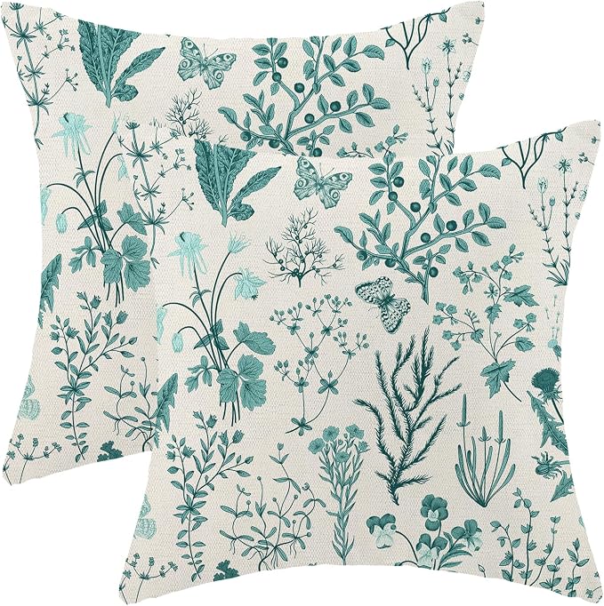 AEIOAE Summer Pillow Covers 16x16 Inch Set of 2,Teal Green Wild Flower Plant Throw Pillows Case,Seasonal Floral Outdoor Decorative Square Linen Farmhouse Decor Cushion Covers for Home Sofa Bed Couch