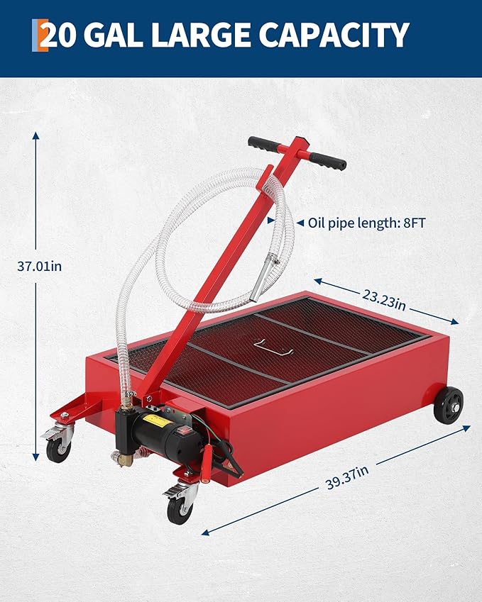 GarveeTech Low Profile Oil Drain Pan 12V, 20-Gallon Metal Oil Change Pan Cart with 180W Electric Pump, 8FT Hose & Folding Handle for Cars, SUVs, Trucks, Buses, RVs, Red