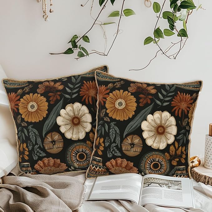 KSLIDS Boho Flower Soft Velvet Throw Pillow Covers Set of 2 Modern Abstract Retro Bohemian Flower Decorative Pillow Covers 20x20 Inch Mid Century Tropical Leaves Pillow Case for Sofa Couch Home Decor