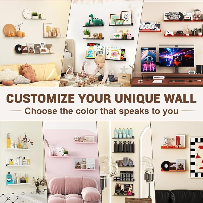 Qukaka Floating Shelves for Wall Decor, 15" Extra Clear Wall Shelves for Bedroom, Living Room, Kitchen, Bathroom Decor, Nail Polish/Book/Decoration/Makeup/Perfume Organizer Floating Shelf-12Pack
