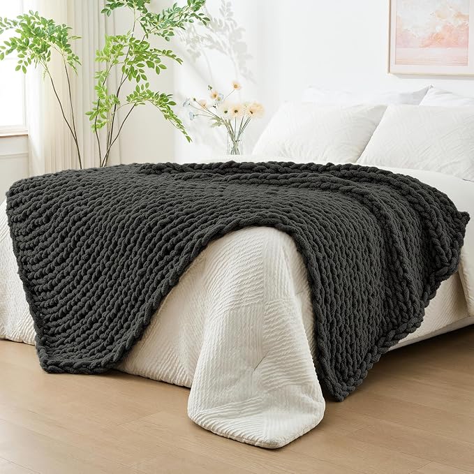 Bigacogo Chunky Knit Throw Blanket for Couch, 40x80 inches, Dark Grey | Hand Knit with Jumbo Chenille, Soft Breathable Cable Knit for Sofa Bed Living Room, Machine Washable, Gift for Mom Friend