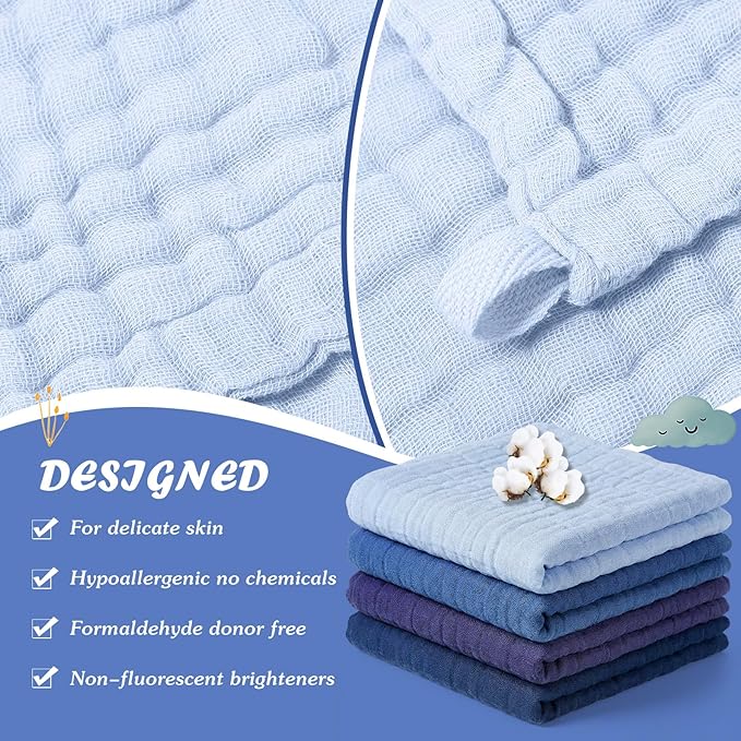 8 Pcs Baby Washcloths for Newborn 12 x 12 Inch Muslin Face Towels Cotton Absorbent for Delicate Skin Soft Muslin Cloth Reusable Baby Registry as Shower Gift, 4 Colors (Dark Blue)