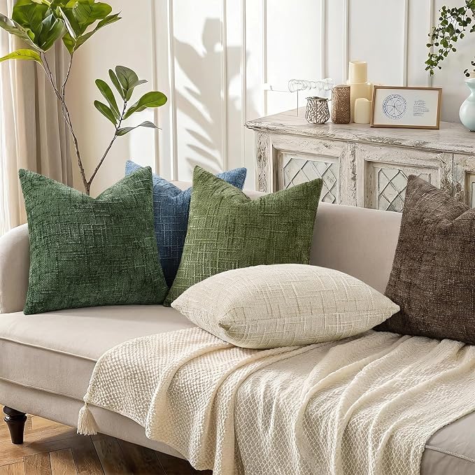 decorUhome Textured Chenille Throw Pillow Covers 24x24 Set of 2 Olive Green | Fall Modern Farmhouse Soft Cozy Slubby Couch Pillow Cases Boho Decorative Pillow Cases for Bed Sofa Living Room Home Decor