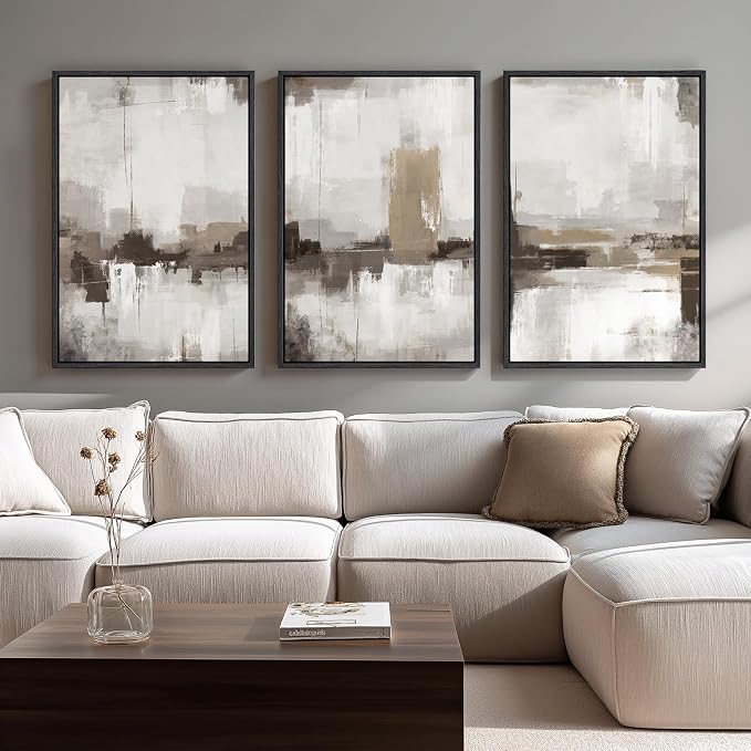 Large Framed Neutral Abstract Wall Art for Living Room, 3 Piece Modern Canvas Prints Paintings Artwork for Walls-Tan Beige Brown Minimalist Pictures for Living Room Hallway Bedroom Wall Decor 24x36 In