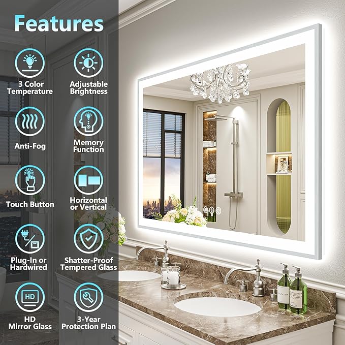 66x36 Brushed Nickel LED Bathroom Mirror with Lights, Sliver Framed Backlit and Front Lit Anti-Fog Lighted Vanity Mirrors for Bathroom Wall, Dimmable, 3 Colors, Memory, Tempered Glass, CRI＞90