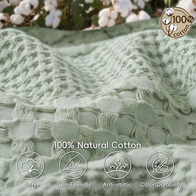PHF 100% Cotton Waffle Weave Blanket King Size, Lightweight Breathable Summer Blanket for Hot Sleepers, Pre-Washed Soft Layer for Bed, Couch, Home Decor Gift, 108"x90", Mint Green