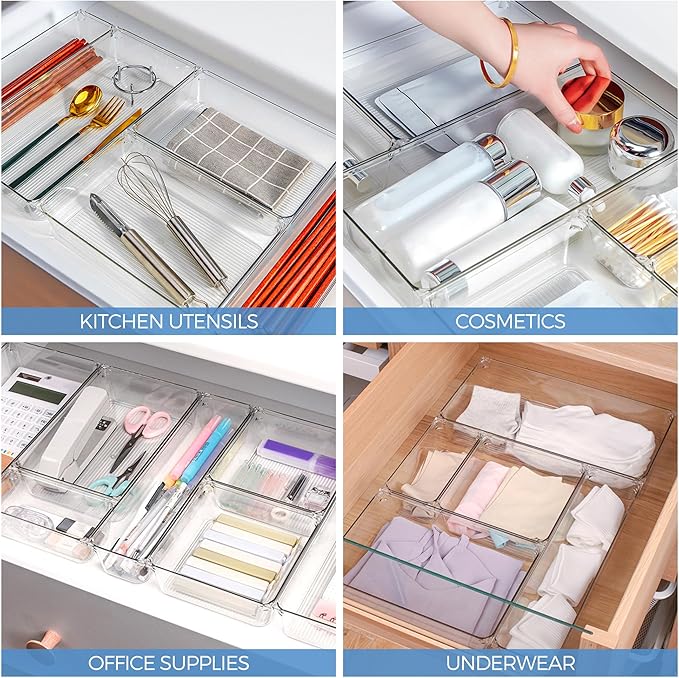 Ravinte 6 Pack Drawer Organizer - 3" X 3" Plastic Storage Bins, Acrylic Organizers with Non-Slip Pads Clear Desk Storage Tray for Makeup, Jewelries, Kitchen Utensils, Bathroom and Office | Acrylic Tray Design, Non-Slip Pads, For Makeup, Jewelry, Kitche...