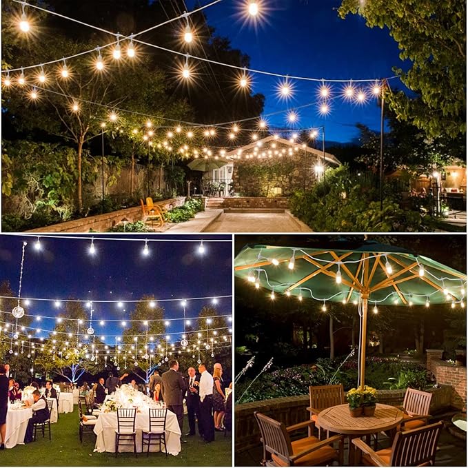 Mlambert 3-Color in 1 Dimmable Solar String Lights Outdoor, 48FT Patio String Lights with Remote and 15+3 Waterproof LED Bulbs for Bistro-White Cord