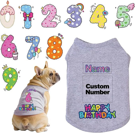 Custom Dog Birthday Shirt,Personalized Pet Apparel Print with Name Age Number,Pet Birthday Outfit,Lightweight Breathable Cotton Vest for Small Medium Large Dogs Cat (Grey, X-Small)