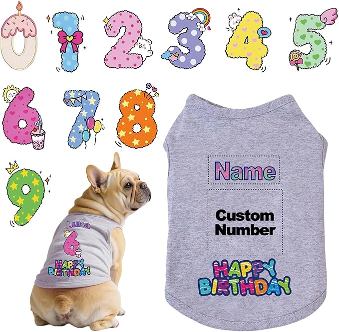 Custom Dog Birthday Shirt,Personalized Pet Apparel Print with Name Age Number,Pet Birthday Outfit,Lightweight Breathable Cotton Vest for Small Medium Large Dogs Cat (Grey, 3X-Large)