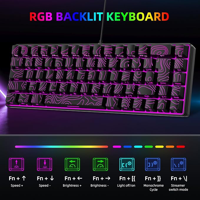 Snpurdiri 65% Wired Small Gaming Keyboard RGB 68-Key (Black) | Mini Gaming Keyboard Backlit Ultra-Compact , for PC/Mac Gamer, Typist, Travel, Easy to Carry on Business Trip