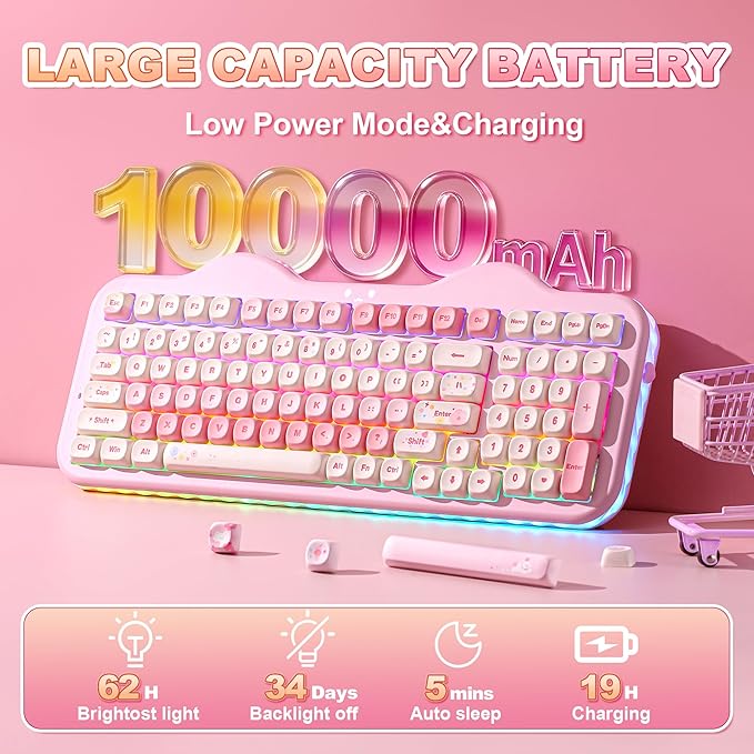 YUNZII C98 Cute Cake Wireless Mechanical Keyboard (Pink, Milk Switch) | 99 Keys with Number Pad, Hot Swap, PBT MOA Keycaps, BT5.0/2.4G/USB-C, Gasket Mount, Custom RGB Backlit for Win/Mac