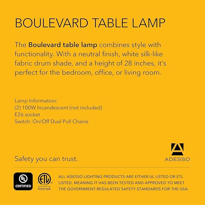 Adesso Brushed Steel Table Lamp with White Fabric Shade – Dual Socket Pull Chain Accent Light for Bedroom, Living Room, or Home Office, 28” Tall