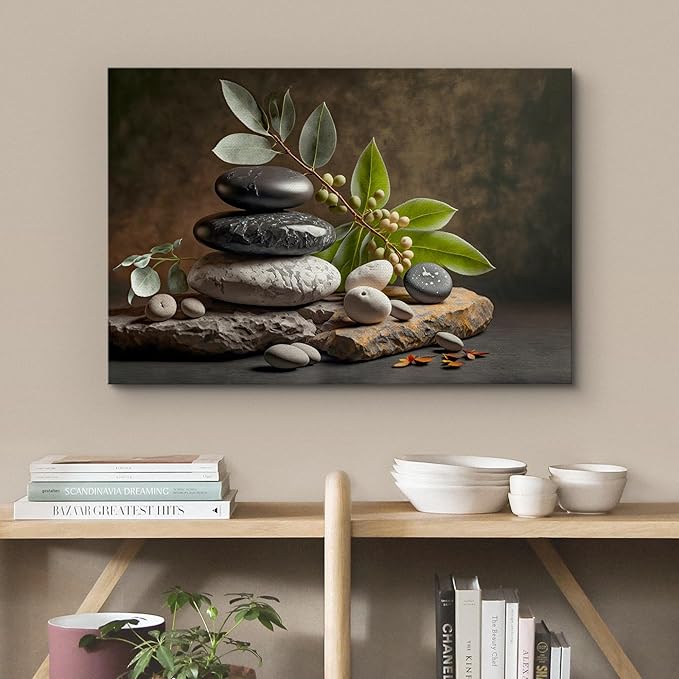 wall26 Canvas Print Wall Art Zen Massage Stone Pebble Bamboo Leaf Nature Wilderness Photography Realism Modern Art Decorative Multicolor Rustic Minimal Relax/Calm/Cozy Colorful for Bedroom - 12"x18"