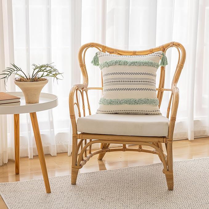 BUIOVBEY Boho Throw Pillow Covers Woven Tufted Pillow Cases with Tassels | Farmhouse Pillow Covers 18x18 Set of 2 Textured Striped Cushion Case Neutral Decorative Pillowcase for Sofa Couch Light Green