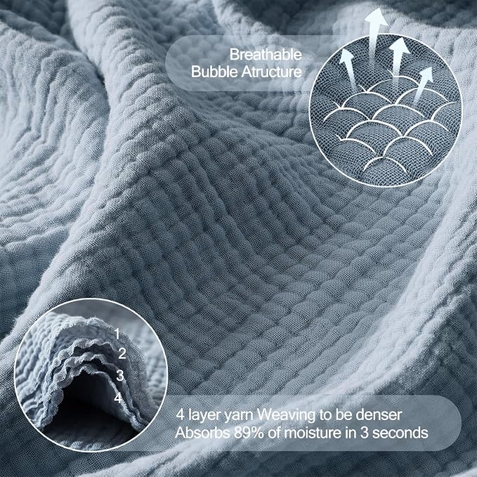 WDCOZY 100% Cotton Muslin Blanket Oversized King 4-Layer for Bed Breathable Lightweight Soft Large Boho Farmhouse Linen Tassels Ruffle Gauze Blankets All Season for Adults 102x120 Inches Dusty Blue