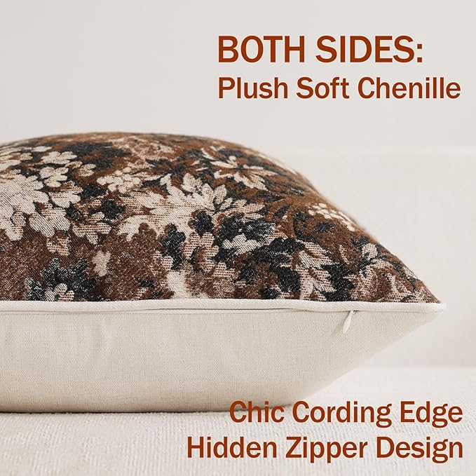 Pack of 2 Vintage Floral Throw Pillow Covers 20x20 Boho Farmhouse Accents Chenille Square Decorative Pillow Cases for Living Room Couch Bed Home Decor, Dark Brown