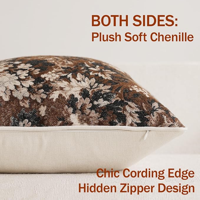 Pack of 2 Vintage Floral Throw Pillow Covers 18x18 Boho Farmhouse Accents Chenille Square Decorative Pillow Cases for Living Room Couch Bed Home Decor, Dark Brown