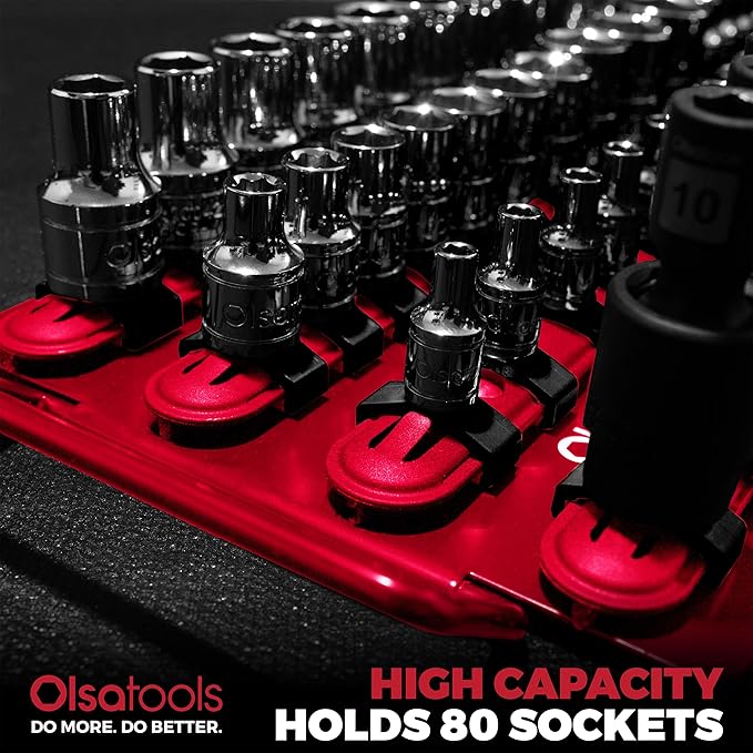 Olsa Tools Socket Organizer Tray - Portable Red Rail with Black Clips - Stores 80 Sockets Securely - Professional-Grade Socket Holder - Part 1047