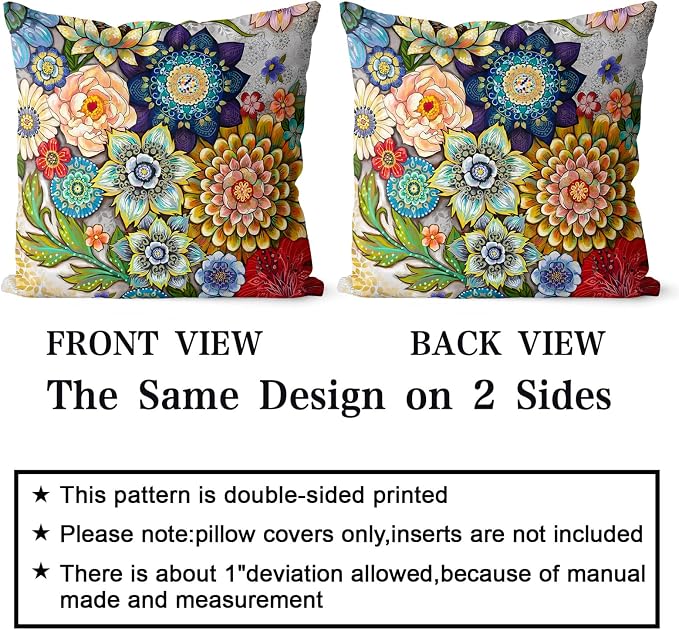 Snycler Boho Floral Throw Pillow Covers Set of 2 Colorful Boho Flower Decorative Cushions Pillowcase for Bedroom Sofa Home Decor, 24x24 Inch, Velvet, Short Plush