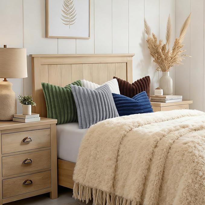 decorUhome Fall Faux Fur Throw Pillow Covers 24x24 Set of 2 Olive Green | Decorative Soft Cozy Striped Plush Modern Farmhouse Boho Couch Pillow Cases Velvet Back for Sofa Bed Living Room Home Decor