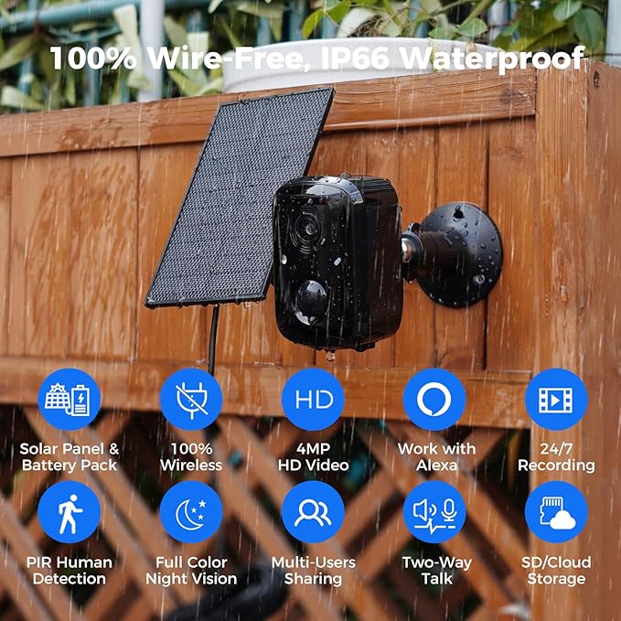 Hiseeu Security Cameras Wireless Outdoor, Solar Powered 3K 4MP Surveillance WiFi Cameras for Home Security Outside, PIR/AI Motion Detection, Waterproof, Color Night Vision, 2-Way Audio, Black