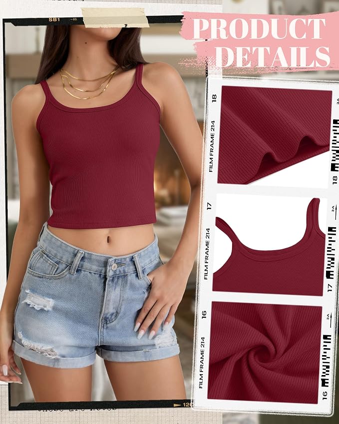 Ficerd 3 Pack Women's Tank Tops 95% Cotton Spaghetti Strap Ribbed Crop Camisole Slim Fitted Basic Summer Sleeveless Layer
