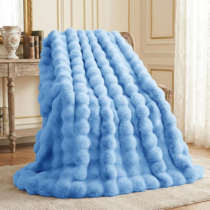 L'AGRATY Faux Rabbit Fur Throw Blanket for Couch, 60'' x 80'', Airy Blue | Soft Cozy Bubble Fluffy Blanket for Sofa Bed, Thick Warm Plush Fuzzy Throw for Room Home Decor, Luxury Gift for Women Mom