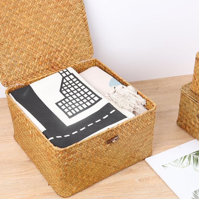 Moosky Wicker Shelf Baskets with Lid, Handwoven Seagrass Storage Basket Bins Square Gift Boxes for Shelves Home Decor Organizer (Natural, Large)