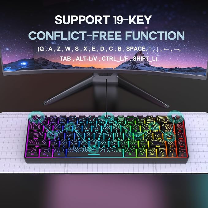 Snpurdiri 65% Wired Small Gaming Keyboard RGB 68-Key (Black) | Mini Gaming Keyboard Backlit Ultra-Compact , for PC/Mac Gamer, Typist, Travel, Easy to Carry on Business Trip