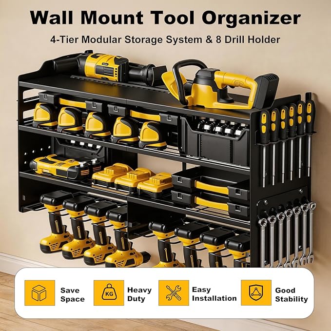 oviitech Large Power Tool Organizer Wall Mount, 8 Drill Holder Wall Mount Loads 400lbs, 4 Layer Heavy Duty Metal Power Tool Storage, Black, Utility Rack for Garage Workshop, Gifts for Men