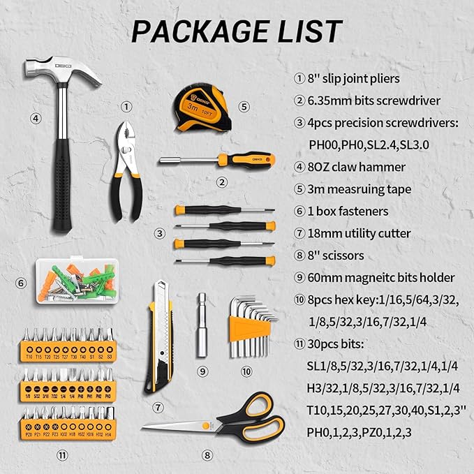 DEKOPRO General Household Hand Tool Kit with Plastic Toolbox Storage Case, All Purpose Home Tool Kit Includes Essential Tools for Office College Repairs, 50 Piece