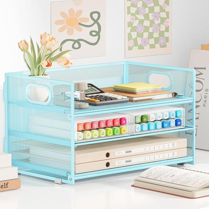 Subekyu 3 Tier Paper Desk Organizer with Handle and 1 PC Slideable Letter Tray, A4 Paper File Folder Sorter Metal Mesh Organizer for Home Office School Desk Supplies Organization Storage, Blue