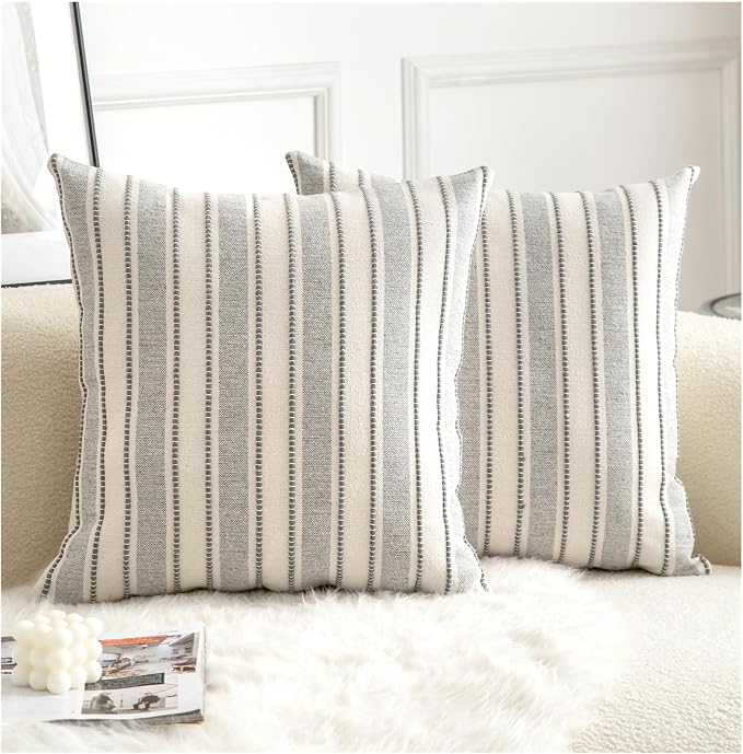 Cethom Decorative Boho Throw Pillow Covers, Farmhouse Textured Pillow Case, 20 x 20 Inch Set of 2, Chair Sofa Bedroom Living Room Home Decor Couch Cushion Case, Grey and Beige Striped