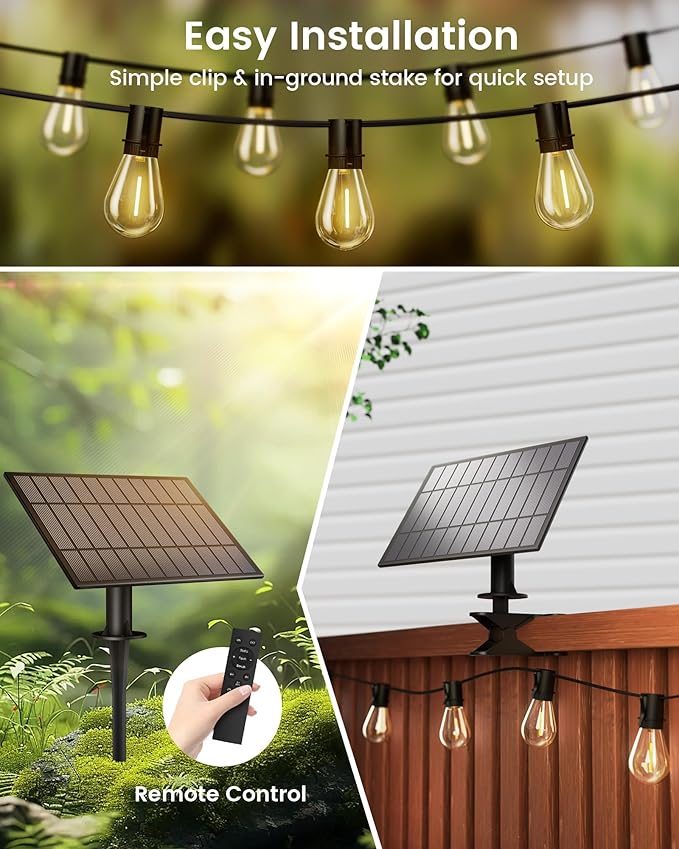 Torkase Solar Powered 150FT Outdoor String Lights 35+2 LED Bulbs Waterproof Shatterproof Remote Control Dimmable Extra Long Hanging Lights for Large Yard Deck Market Cafe Event Lighting