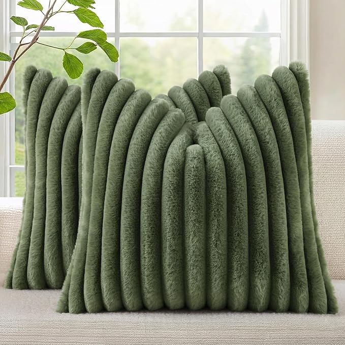 decorUhome Fall Faux Fur Throw Pillow Covers 24x24 Set of 2 Olive Green | Decorative Soft Cozy Striped Plush Modern Farmhouse Boho Couch Pillow Cases Velvet Back for Sofa Bed Living Room Home Decor