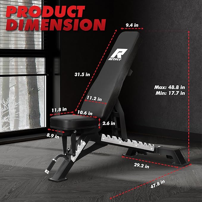 RITFIT Adjustable Weight Bench with Multiple Back Positions for Full Body Workouts, Incline, Decline, and Flat Settings for Home Gym Strength Training, 1300LB Capacity