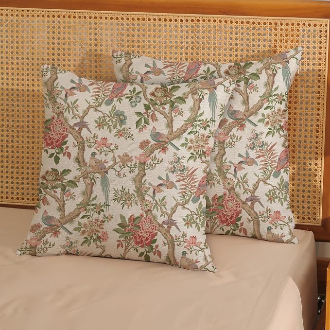 Chinoiserie Pillow Covers 22x22 Set of 2 Pink Green Bird Floral Throw Pillows Vintage Pink Flower Bird Decorative Pillow Cases Outdoor Chinoiserie Decor Farmhouse Cushion Case for Couch Sofa