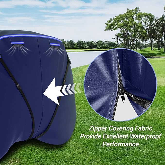 Golf Cart Cover Suitable 6/4+2 Passenger for Yamaha/EZGO Club Cart Heavy Duty 420D Waterproof Windproof Golf Cart Cover All-Weather Protection with Zipper Door Blue/Gray